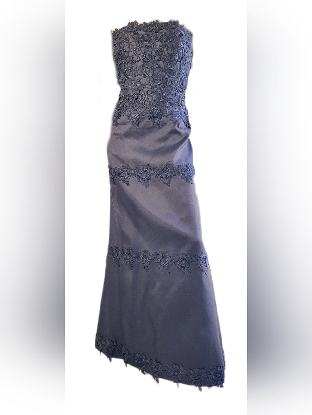 $3,000 HELEN MORLEY NAVY BLUE SILK BLEND FLORAL LACE ESTAB LONG GOWN US  12